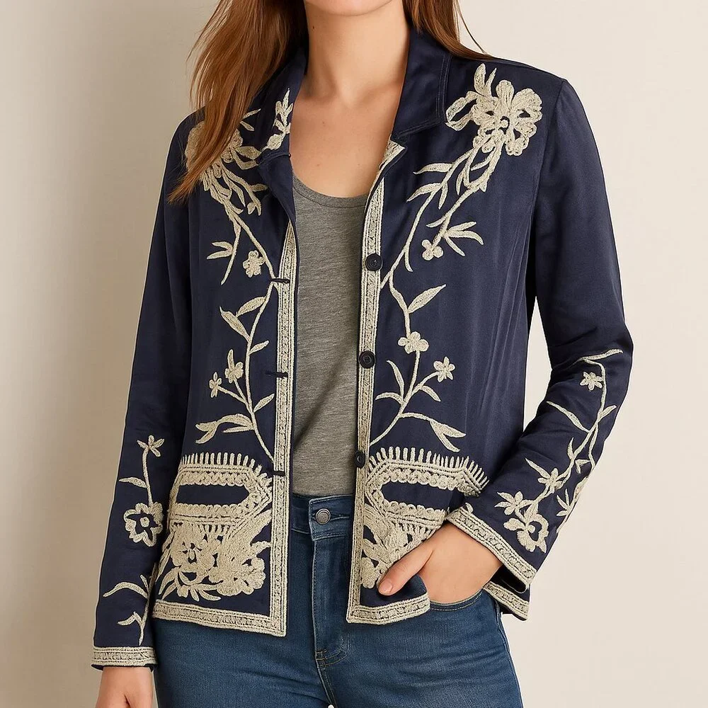 Johnny Was Navy Embroidered Kimono Jacket Size L Boho Chic Art to Wear - Picture 1 of 7